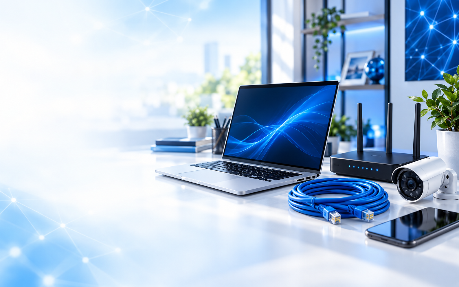 Laptop, Wi-Fi router, blue network cable and security camera in a bright workspace